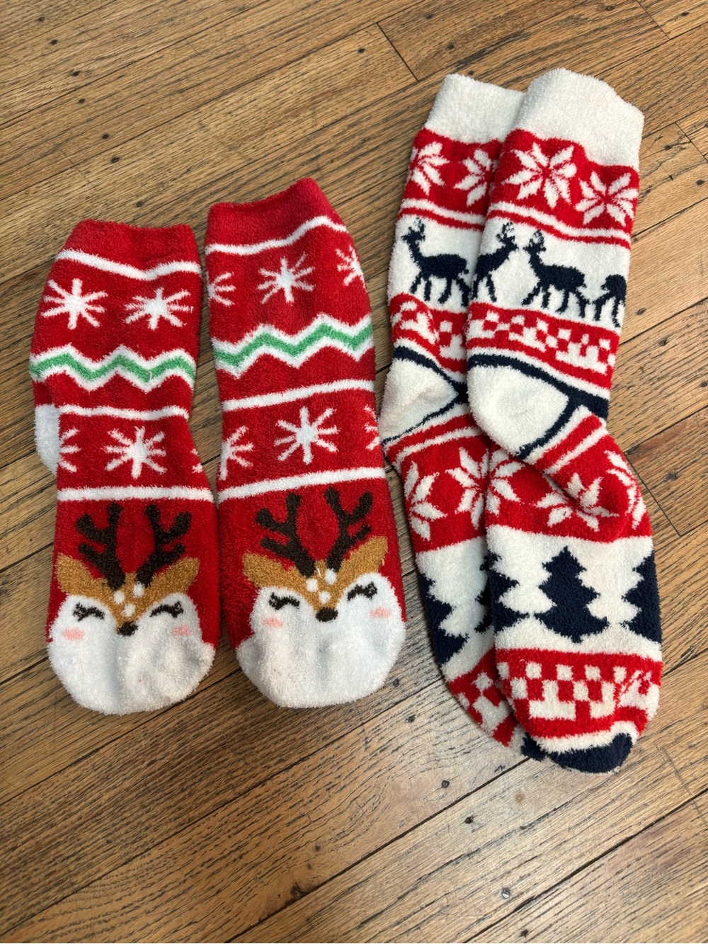Cozy Holiday Fuzzy Socks - Red Reindeer & Red Navy Tree Pair